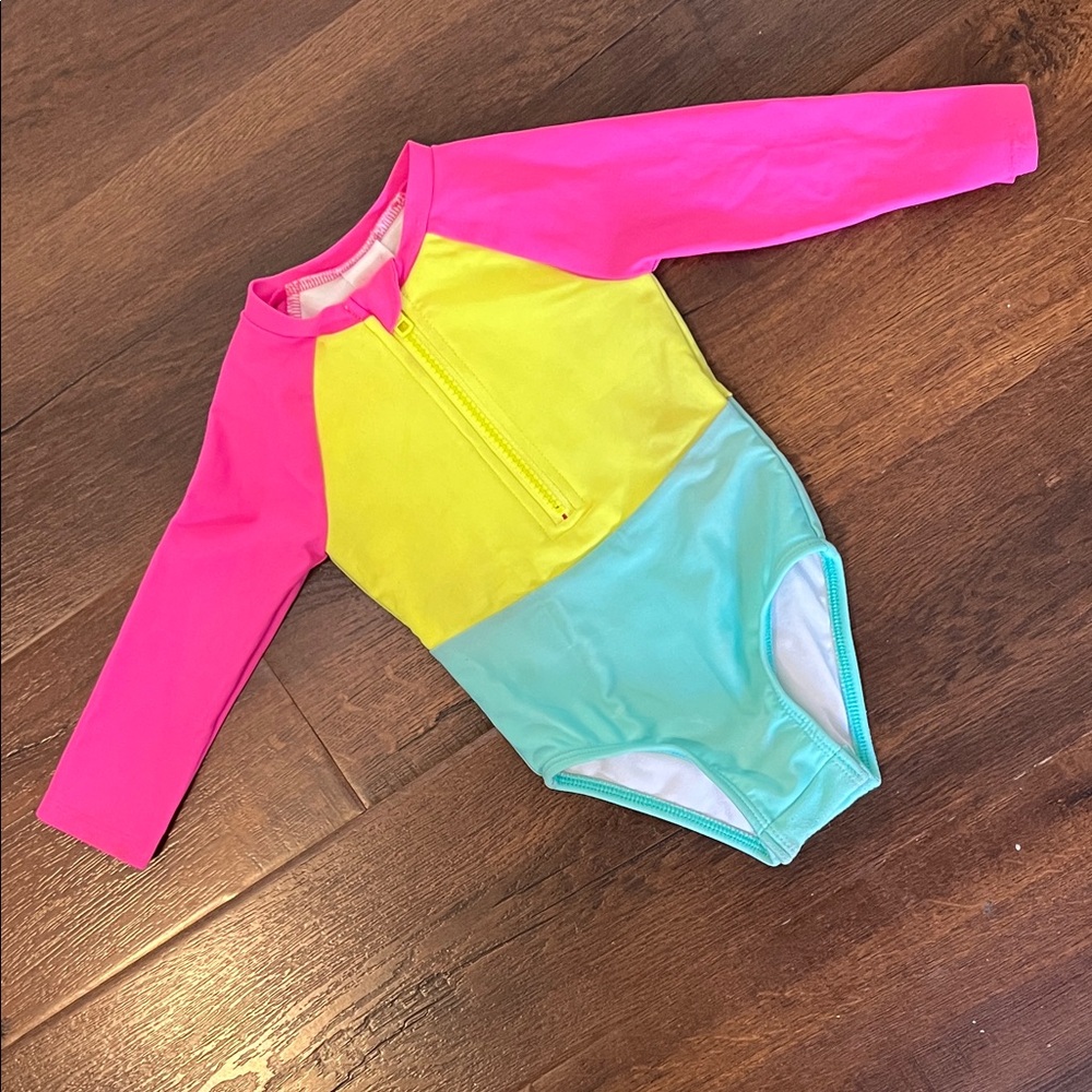 Baby Colorblock Long Sleeve One-Piece Swimsuit - Hot Pink, Yellow & Aqua